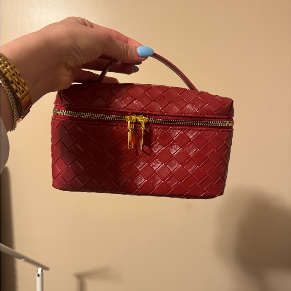 Elegant Red Woven Leather Handbag-comes with long strap